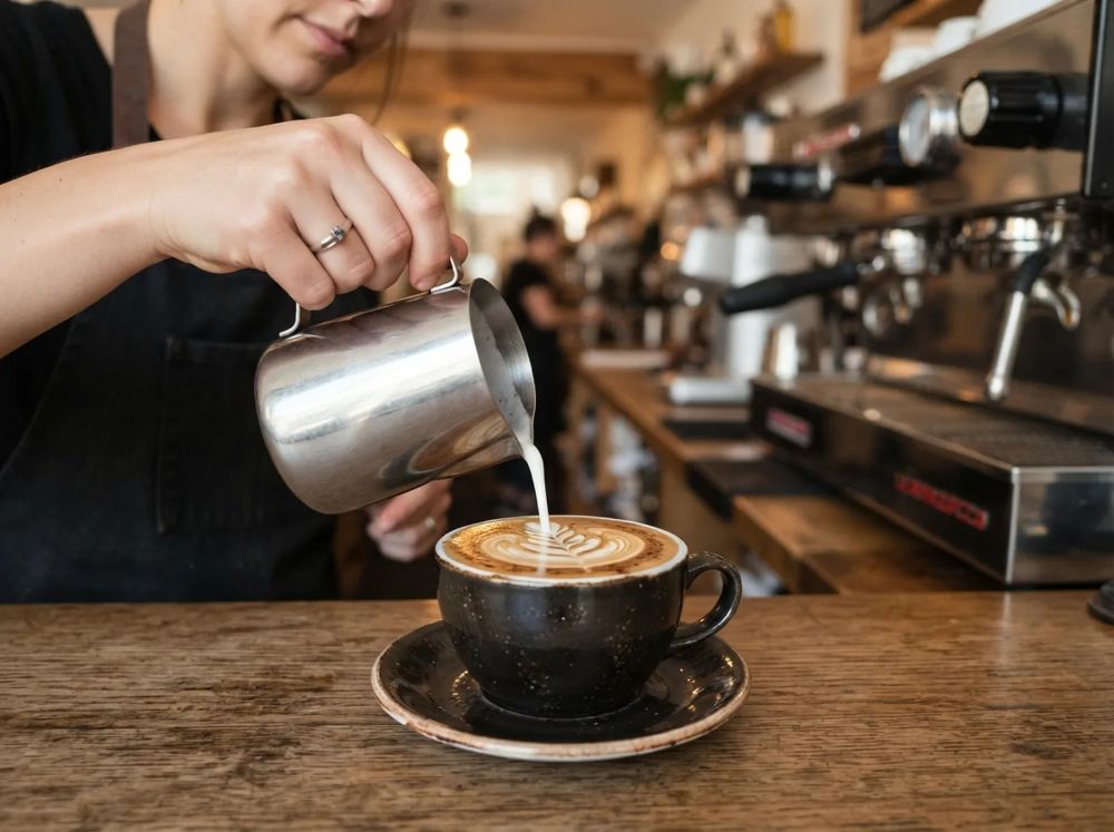 Barista finalizando o latte art na xícara