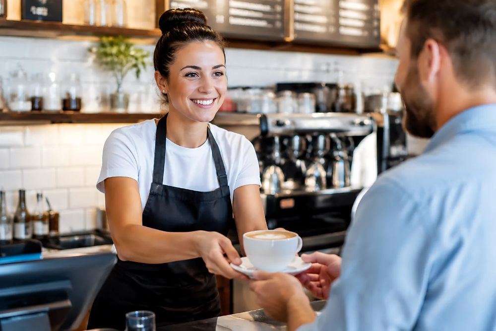 Barista entregando o café ao cliente no balcão