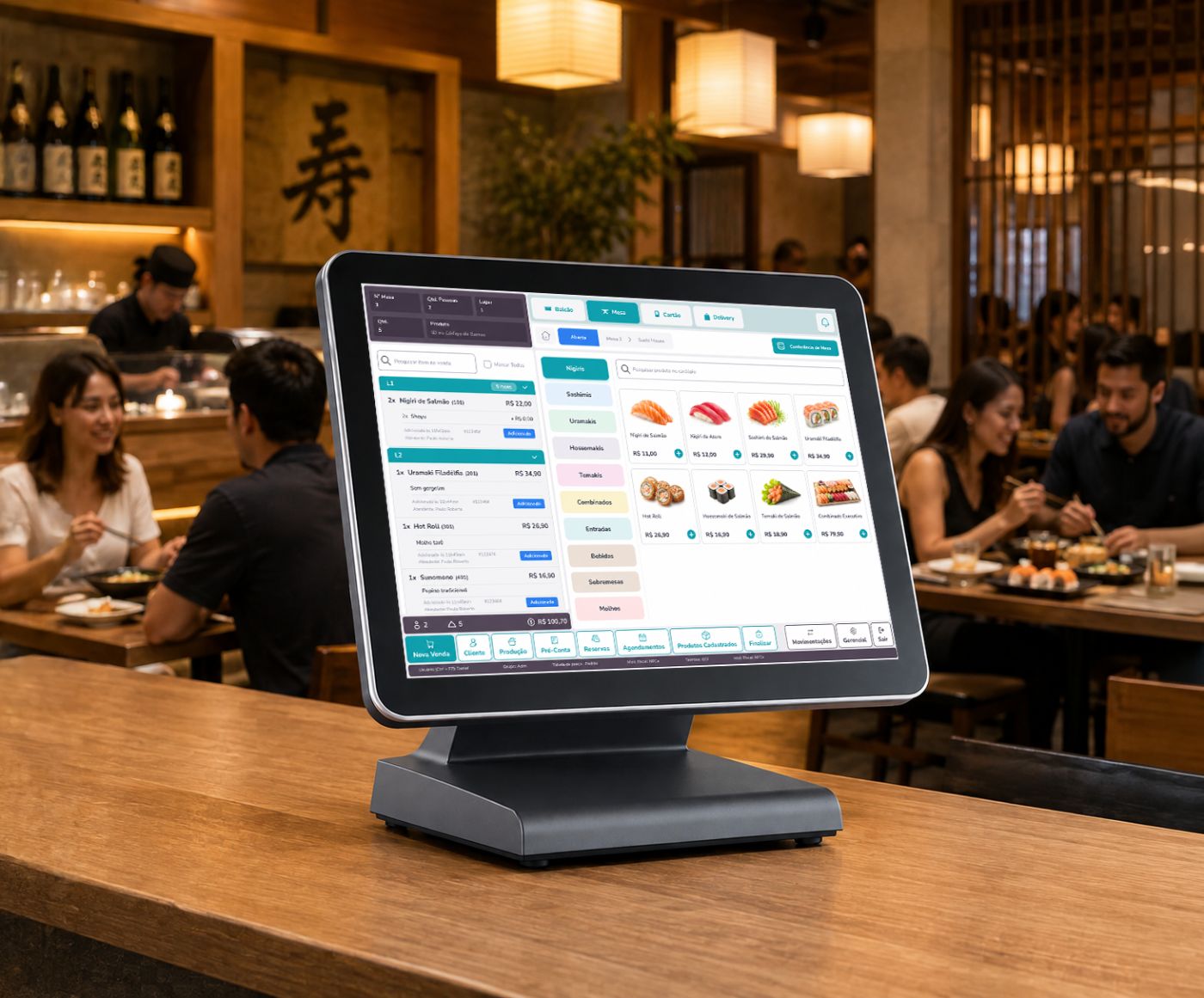 Terminal de PDV com a tela do sistema no balcão do restaurante