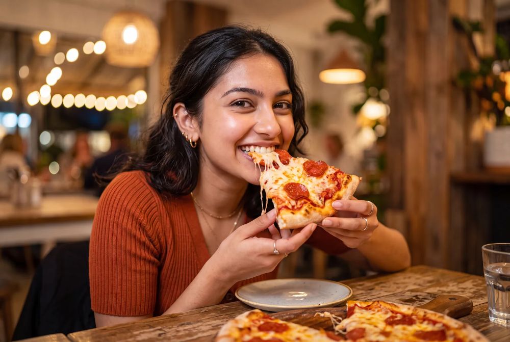 Cliente comendo uma fatia de pizza na mesa
