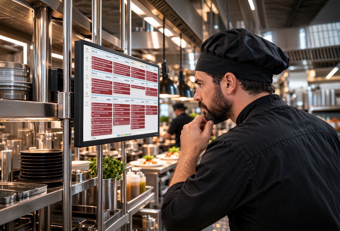Chef acompanhando os pedidos no KDS da Altec na cozinha