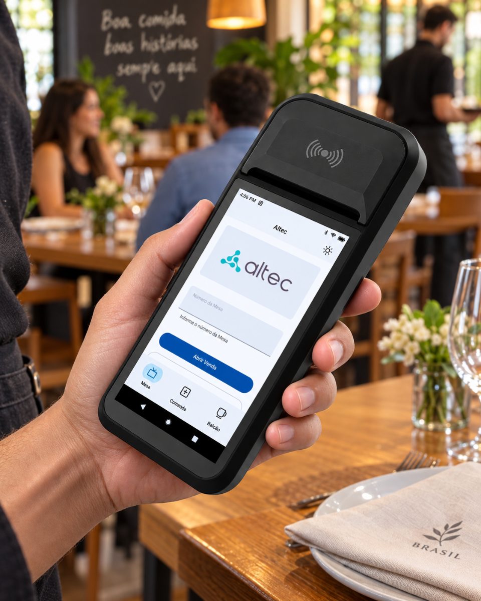 Terminal SmartPOS da Altec na mão do atendente, com a tela de abertura de venda, no salão do restaurante