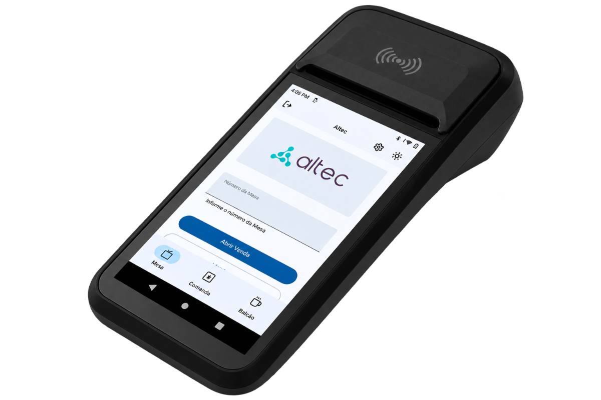 Terminal SmartPOS da Altec com a tela de abertura de venda por mesa