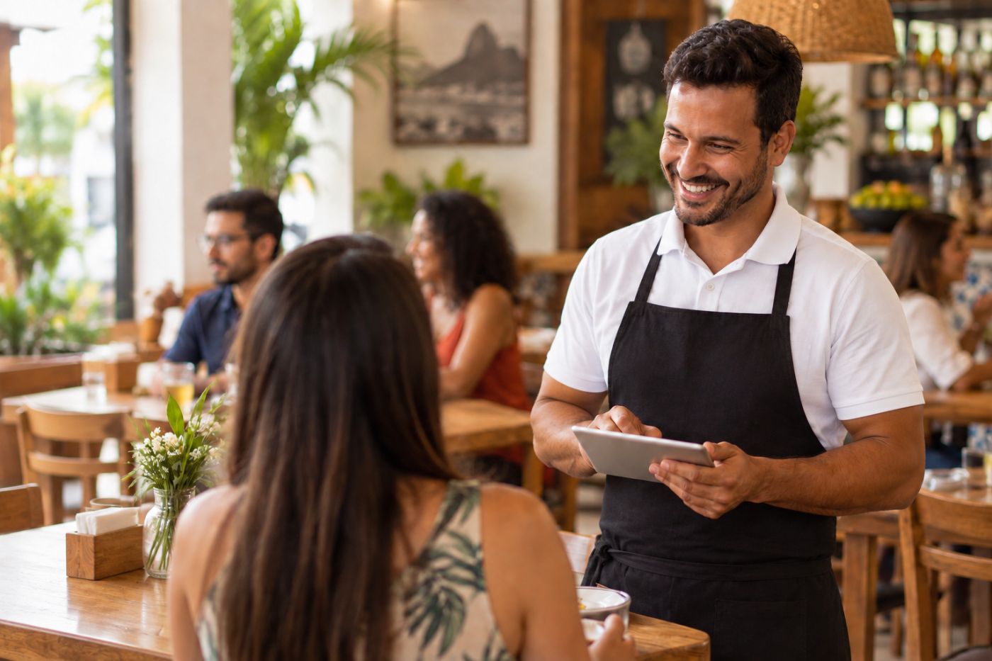 Garçom lançando o pedido no tablet ao lado da mesa